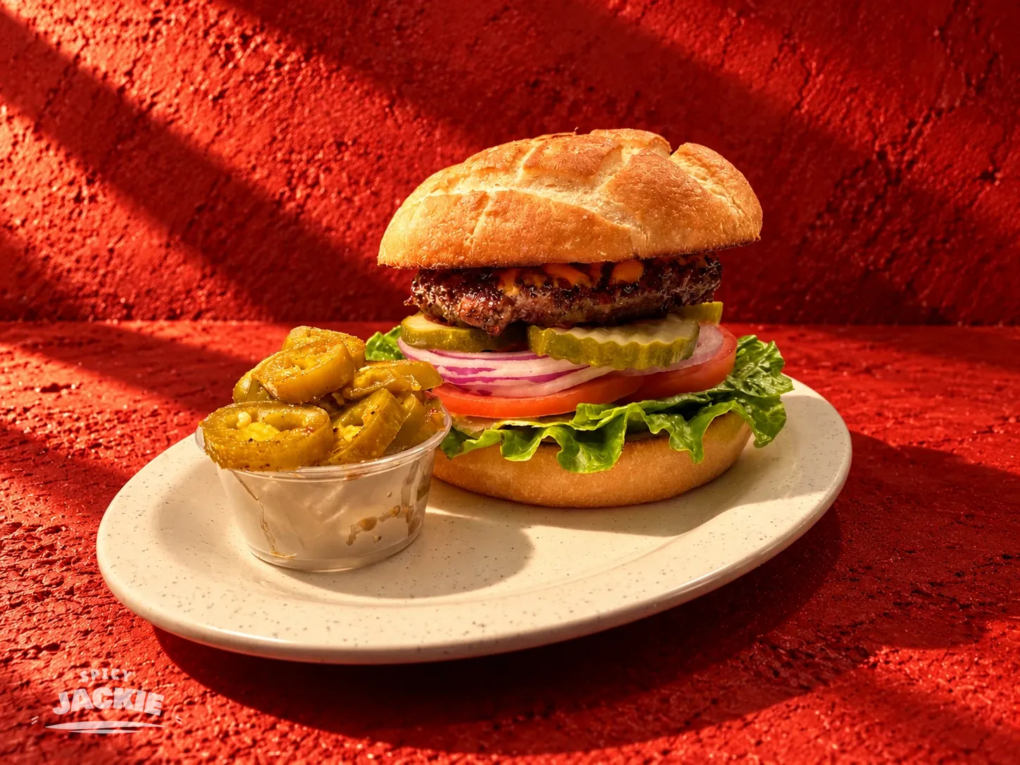 A burger prepared by Chef Jackie with sliced jalapeños, photographed on a textured red background
