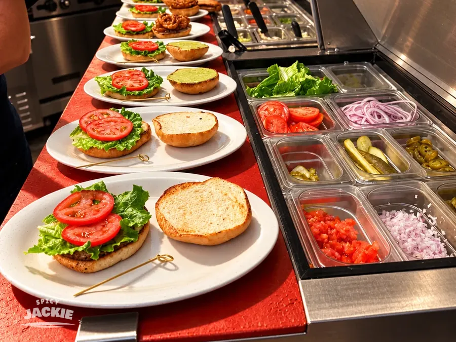 A line of open burger buns with lettuce, tomato, and patties beside the kitchen ingredient station