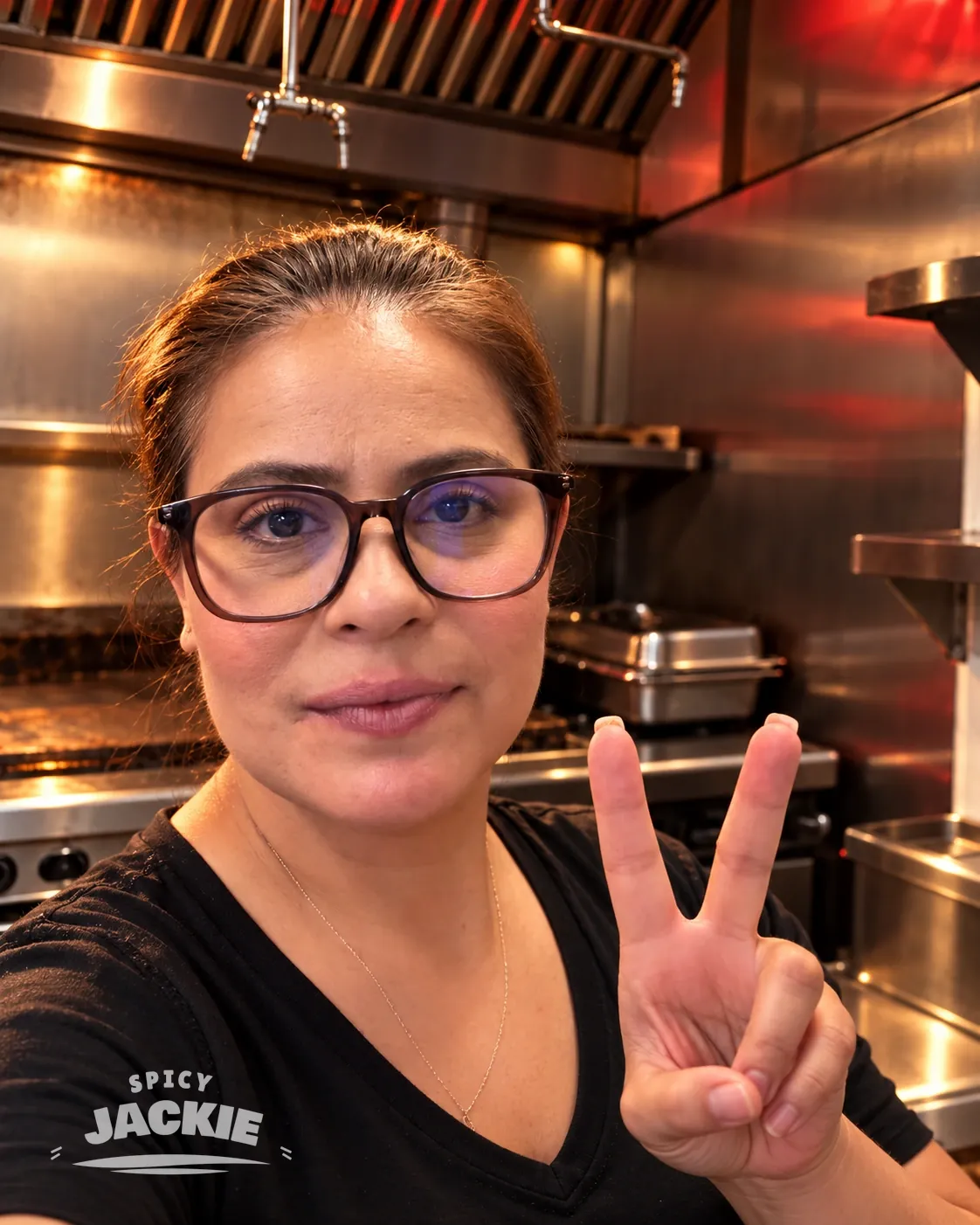 Chef Jackie in her restaurant kitchen, holding up a peace sign