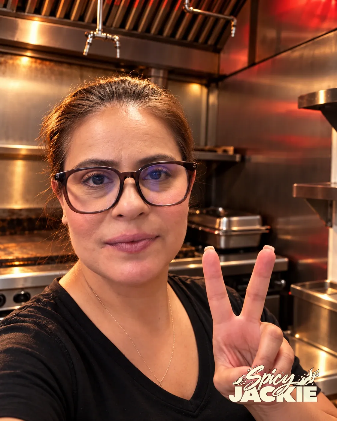 Chef Jackie in her restaurant kitchen, holding up a peace sign