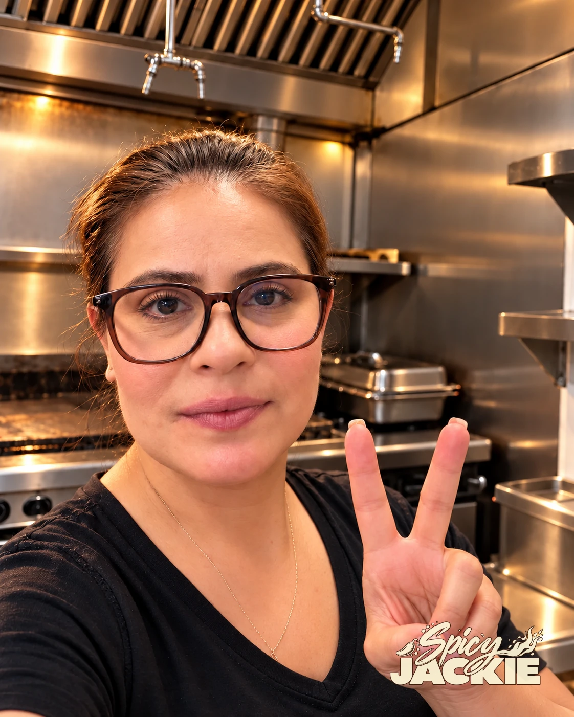 Chef Jackie in her restaurant kitchen, holding up a peace sign