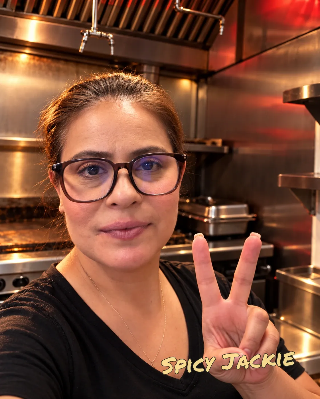 Chef Jackie in her restaurant kitchen, holding up a peace sign