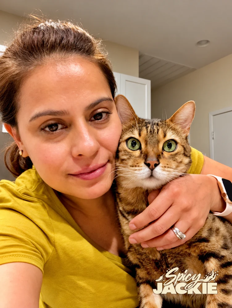 Jackie holding a spotted cat close to her face at home