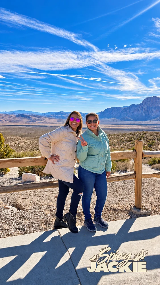 Jackie and a companion by a wooden fence overlooking the desert and mountains
