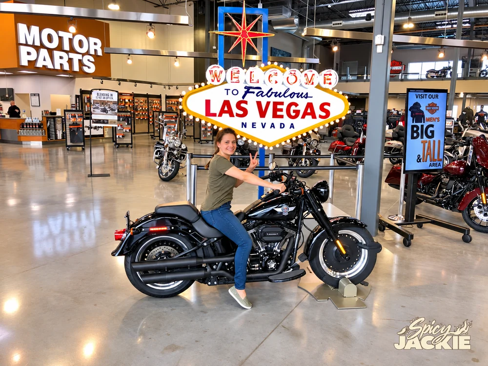 Jackie on a black motorcycle beneath a Las Vegas sign inside a showroom