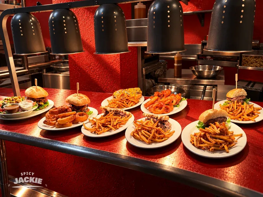 A lineup of restaurant plates beneath the kitchen heat lamps, including burgers, sandwiches, wings, fries, and onion rings