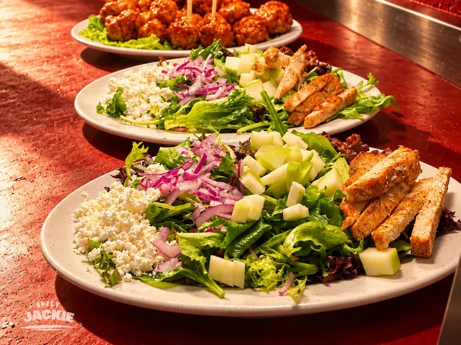 Two salads with sliced chicken on white plates, with a plate of sauced bites further along the kitchen counter